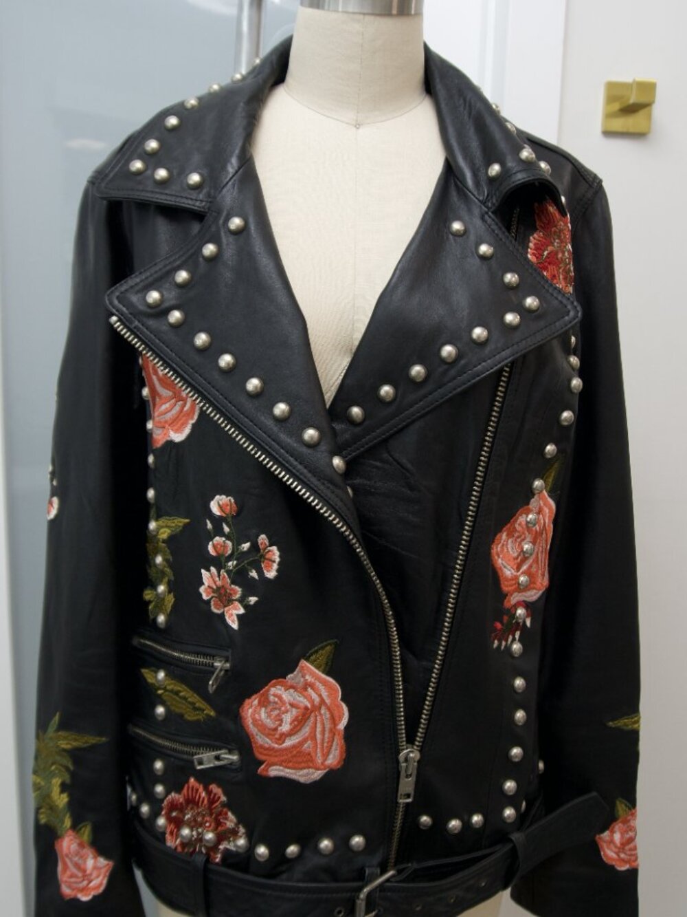LPA Genuine Leather Floral Studded Moto Jacket – Black – Size S